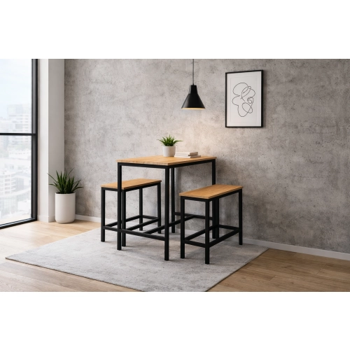 Zestaw Barowo - Jadalniany z Metalu , Blat Drewno Lite Dębowe  Stół +2 Ławki Model  ZETS-12